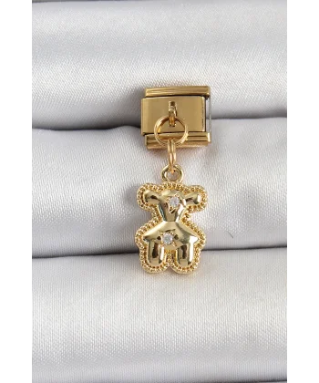 316L Çelik Sallantılı Zirkon Taşlı Ayıcık Model Gold Renk Nomination Charm