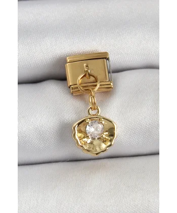 316L Çelik Sallantılı Zirkon Taşlı İstiridye Model Gold Renk Nomination Charm