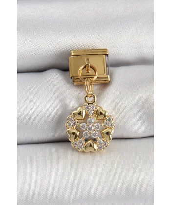 316L Çelik Sallantılı Zirkon Taşlı Kalp Detaylı Yıldz Model Gold Renk Nomination Charm