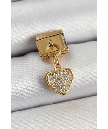 316L Çelik Sallantılı Zirkon Taşlı Kalp Model Gold Renk Nomination Charm