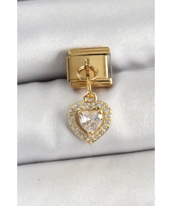 316L Çelik Sallantılı Zirkon Taşlı Kalp Model Gold Renk Nomination Charm
