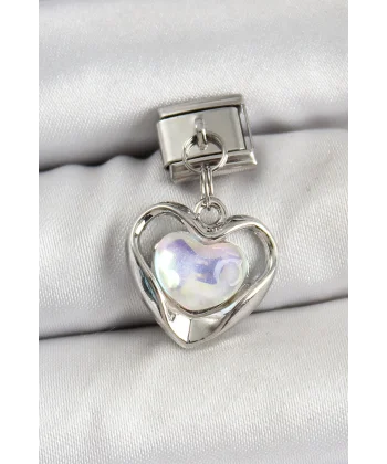 316L Çelik Sallantılı Zirkon Taşlı Kalp Model Gümüş Renk Nomination Charm