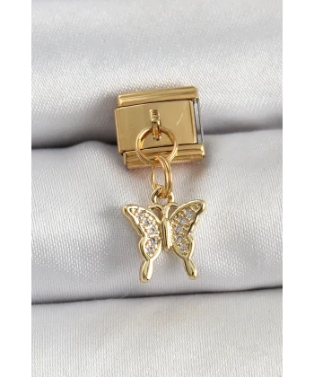 316L Çelik Sallantılı Zirkon Taşlı Kelebek Model Gold Renk Nomination Charm