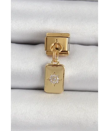 316L Çelik Sallantılı Zirkon Taşlı Kutup Yıldızı Figürlü Dikdörtgen Model Gold Renk Nomination Charm
