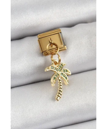 316L Çelik Sallantılı Zirkon Taşlı Palmiye Ağacı Model Gold Renk Nomination Charm