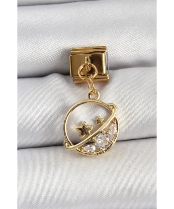 316L Çelik Sallantılı Zirkon Taşlı Satürn Model Gold Renk Nomination Charm
