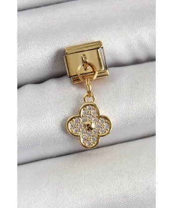 316L Çelik Sallantılı Zirkon Taşlı Yonca Model Gold Renk Nomination Charm