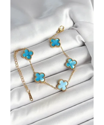 316L Çelik Sedefli Gökyüzü Mavisi Gold Renk Yonca Kadın Bileklik