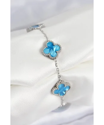 316L Çelik Sedefli Gökyüzü Mavisi Gümüş Renk Yonca Kadın Bileklik