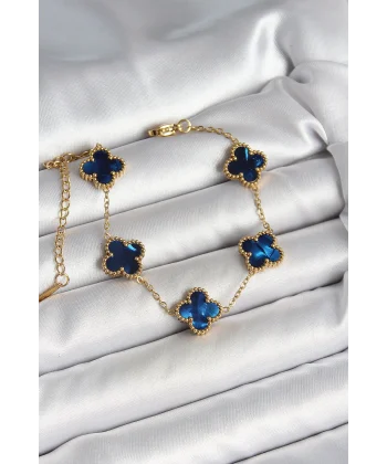 316L Çelik Sedefli Lacivert Gold Renk Yonca Kadın Bileklik