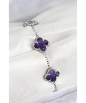 316L Çelik Sedefli Mor Gümüş Renk Yonca Kadın Bileklik