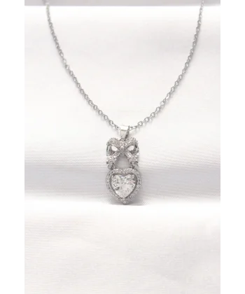 316L Çelik Silver Renk Zirkon Taşlı Kalpli Fiyonk Kolye