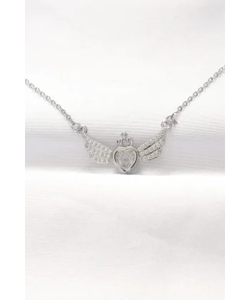 316L Çelik Silver Renk Zirkon Taşlı Kalpli Kanat Kolye