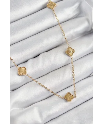 316L Çelik Yonca Model Gold Renk Kadın Kolye