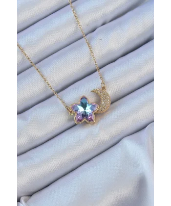 316L Çelik Zincir Altın Renk Ay Tasarımlı Renkli Zirkon Taşlı Çiçek Kolye