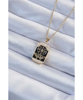 316L Çelik Zincir Altın Renk İşlemeli Siyah Mineli Tarot Kolye