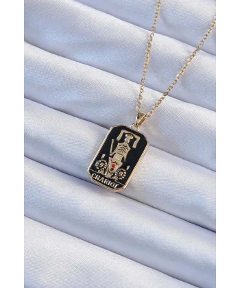 316L Çelik Zincir Altın Renk Siyah Mineli Tarot Kolye