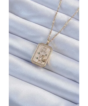 316L Çelik Zincir Altın Renk Zirkon Taşlı Aslan Figürlü Tarot Kolye