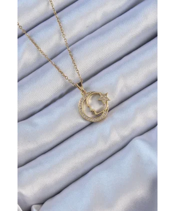 316L Çelik Zincir Altın Renk Zirkon Taşlı Ay Yıldız Simgeli Atatürk Kolye