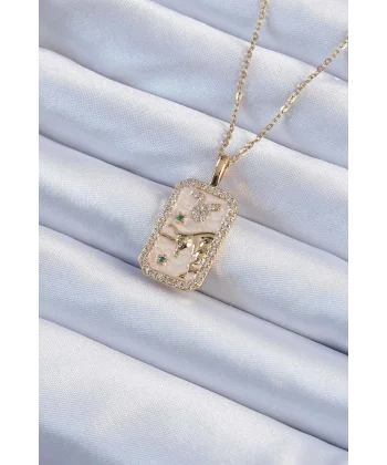 316L Çelik Zincir Altın Renk Zirkon Taşlı Boğa Figürlü Tarot Kolye