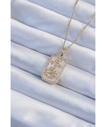 316L Çelik Zincir Altın Renk Zirkon Taşlı Çerçeveli Tarot Kolye