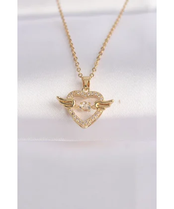 316L Çelik Zincir Altın Renk Zirkon Taşlı Kanatlı Kalp Kolye
