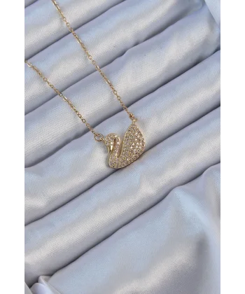 316L Çelik Zincir Altın Renk Zirkon Taşlı Kuğu Kolye