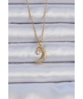 316L Çelik Zincir Altın Renk Zirkon Taşlı Sallantılı Ay Yıldız Kolye