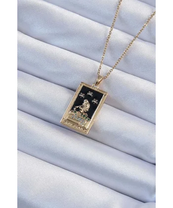 316L Çelik Zincir Altın Renk Zirkon Taşlı Siyah Mineli Kız Figürlü Tarot Kolye