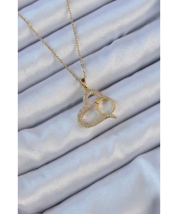 316L Çelik Zincir Altın Renk Zirkon Taşlı Yüzüklü Kalp Kolye