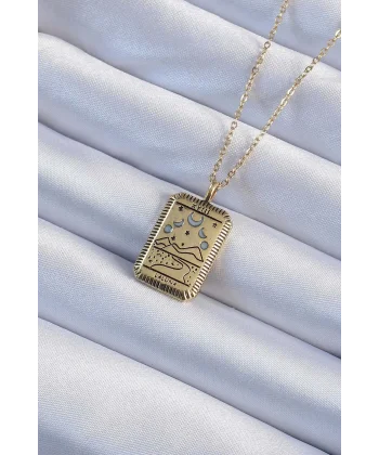 316L Çelik Zincir Eskitme Altın Renk Ay Figürlü Tarot Kolye
