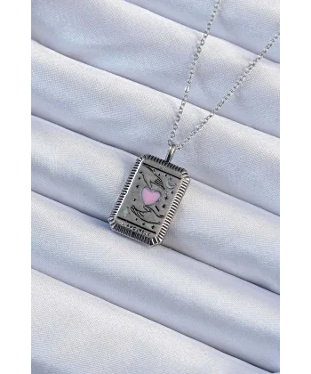 316L Çelik Zincir Eskitme Gümüş Renk Pembe Mineli Kalp Figürlü Tarot Kolye