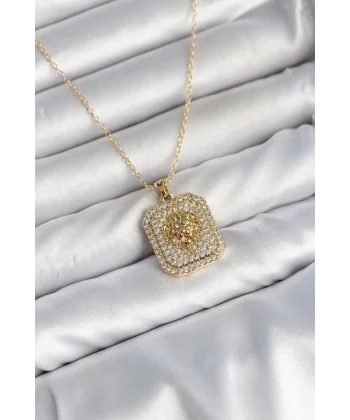 316L Çelik Zincir Gold Aslan Madalyon Model Zirkon Taşlı Kadın Kolye