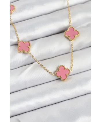 316L Çelik Zincir Gold Pembe Renk Yonca Kadın Kolye