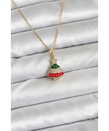 316L Çelik Zincir Gold Ren Çam Ağacı Model Zirkon Taşlı Yılbaşı Temalı Kadın Kolye