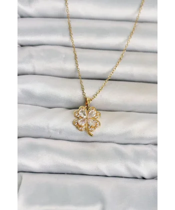 316L Çelik Zincir Gold Renk 4 Yapraklı Yonca Model Kadın Kolye