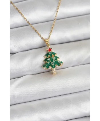316L Çelik Zincir Gold Renk Çam Ağacı Model Yılbaşı Temalı Kadın Kolye