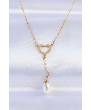 316L Çelik Zincir Gold Renk İnci Taş Detay Kalp Kolye