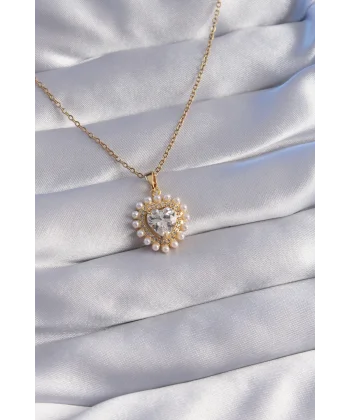 316L Çelik Zincir Gold Renk İncili Zirkon Taşlı Kalp Tasarımlı Kolye