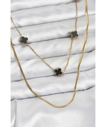 316L Çelik Zincir Gold Renk İtalyan Zincirli Siyah Yonca Model Kadın Kolye