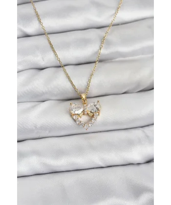 316L Çelik Zincir Gold Renk Kalp ve Fiyonk Model Zirkon Taşlı Kadın Kolye