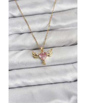 316L Çelik Zincir Gold Renk Kanatlı Kalp Model Zirkon Taşlı Kadın Kolye