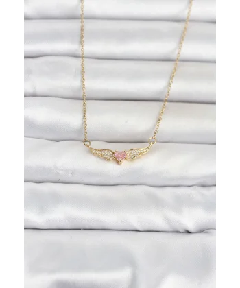 316L Çelik Zincir Gold Renk Kanatlı Pembe Kalp Model Kadın Kolye