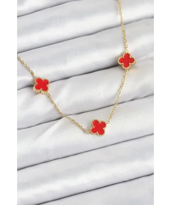 316L Çelik Zincir Gold Renk Kırmızı Baby Boy Yonca Kadın Kolye