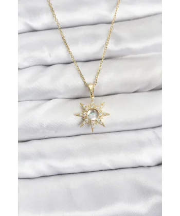 316L Çelik Zincir Gold Renk Kutup Yıldızı Model Zirkon Taşlı Kadın Kolye
