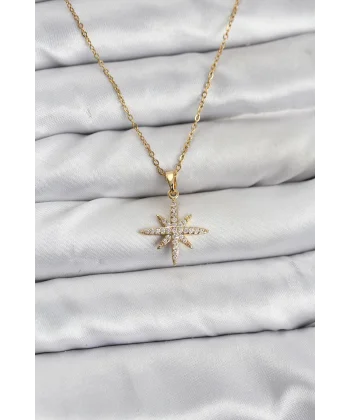 316L Çelik Zincir Gold Renk Kutup Yıldızı Model Zirkon Taşlı Kadın Kolye