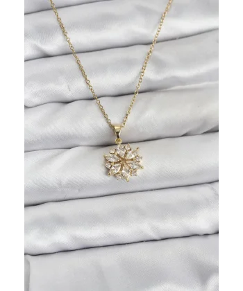 316L Çelik Zincir Gold Renk Lotus Model Zirkon Taşlı Kadın Kolye