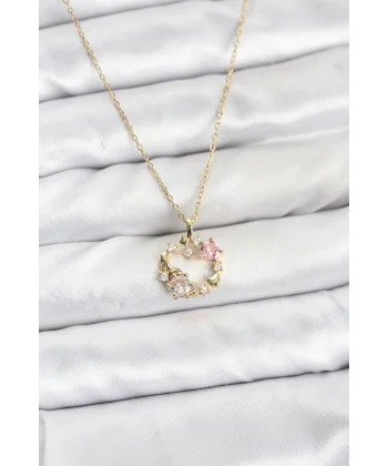 316L Çelik Zincir Gold Renk Pembe Taş Detaylı Çelenk Model Kadın Kolye