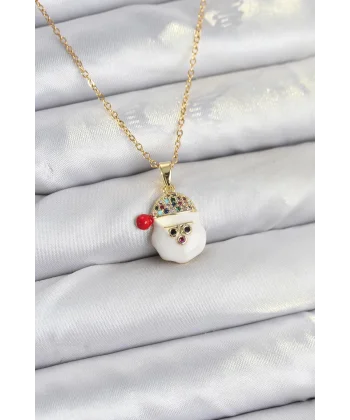 316L Çelik Zincir Gold Renk Şapkalı Kardan Adam Kafası Model Yılbaşı Temalı Kadın Kolye