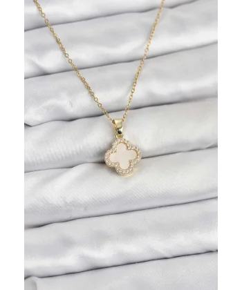 316L Çelik Zincir Gold Renk Sedefli Yonca Kadın Kolye